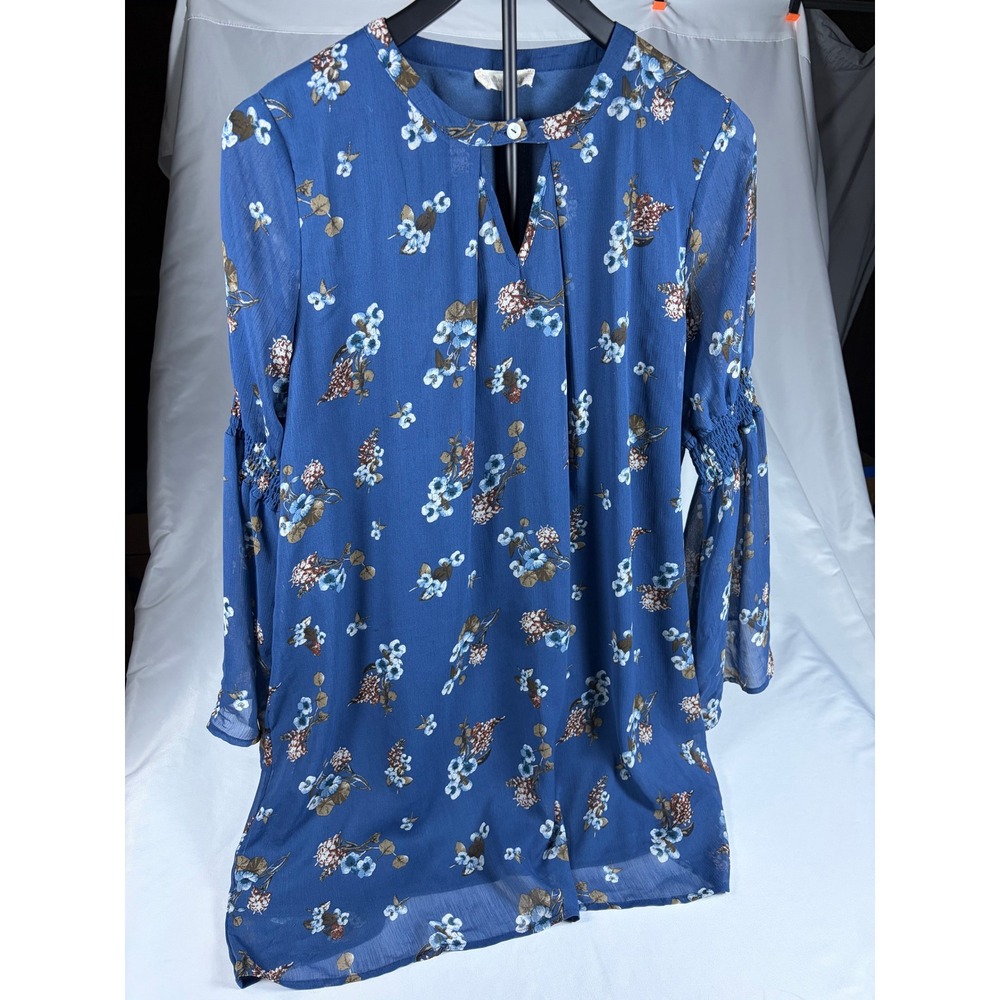 Altard State Blue Floral Bell Sleeve Shift Dress Womens Large Boho Keyhole L